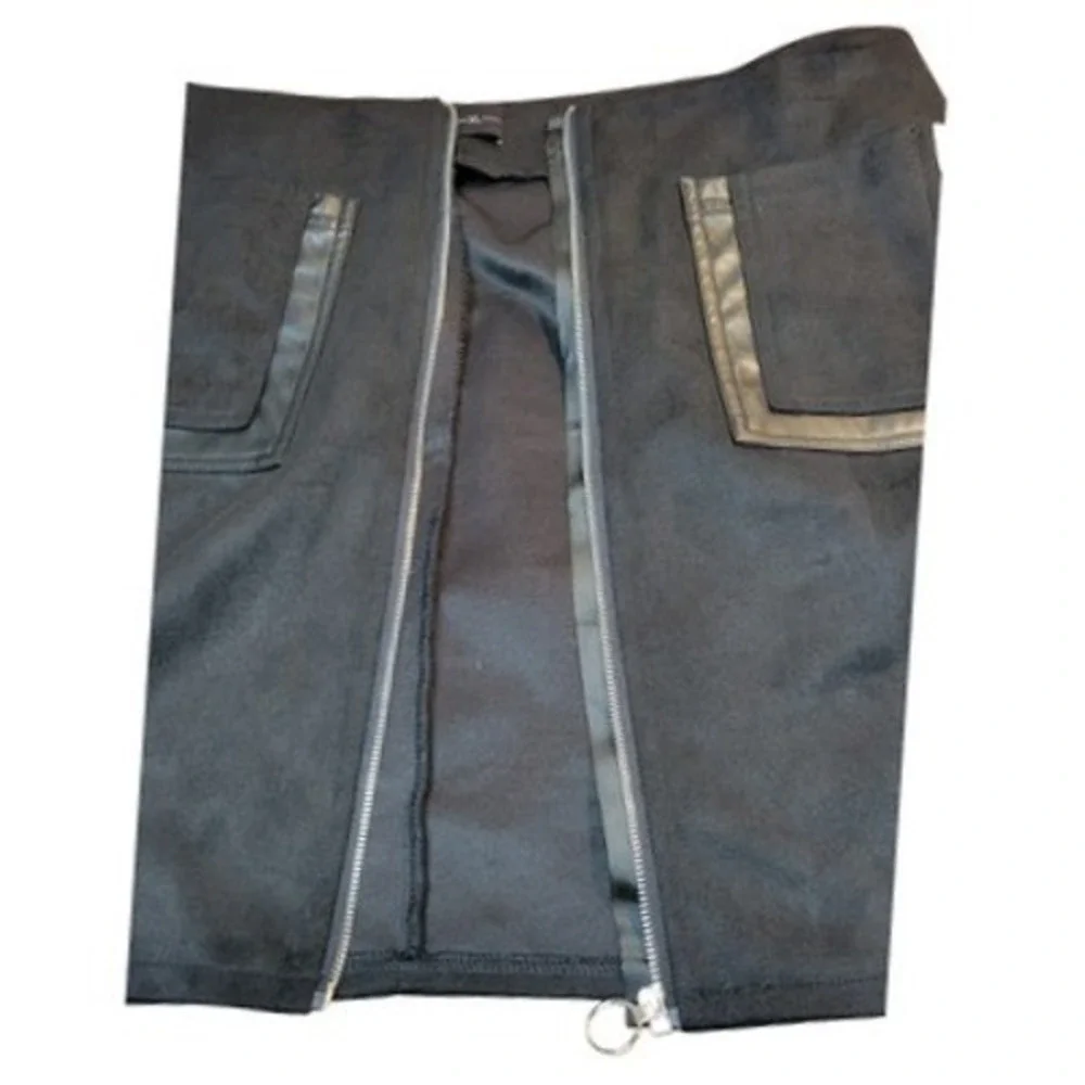 Kancy Kole Black Faux Suede‎ Mini Skirt Front Zip Faux Leather Trim Pockets XL